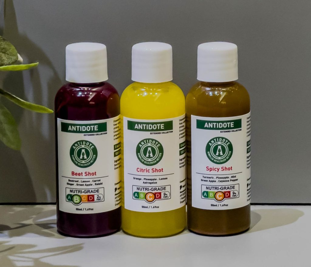 beet shot citric shot and spicy shot